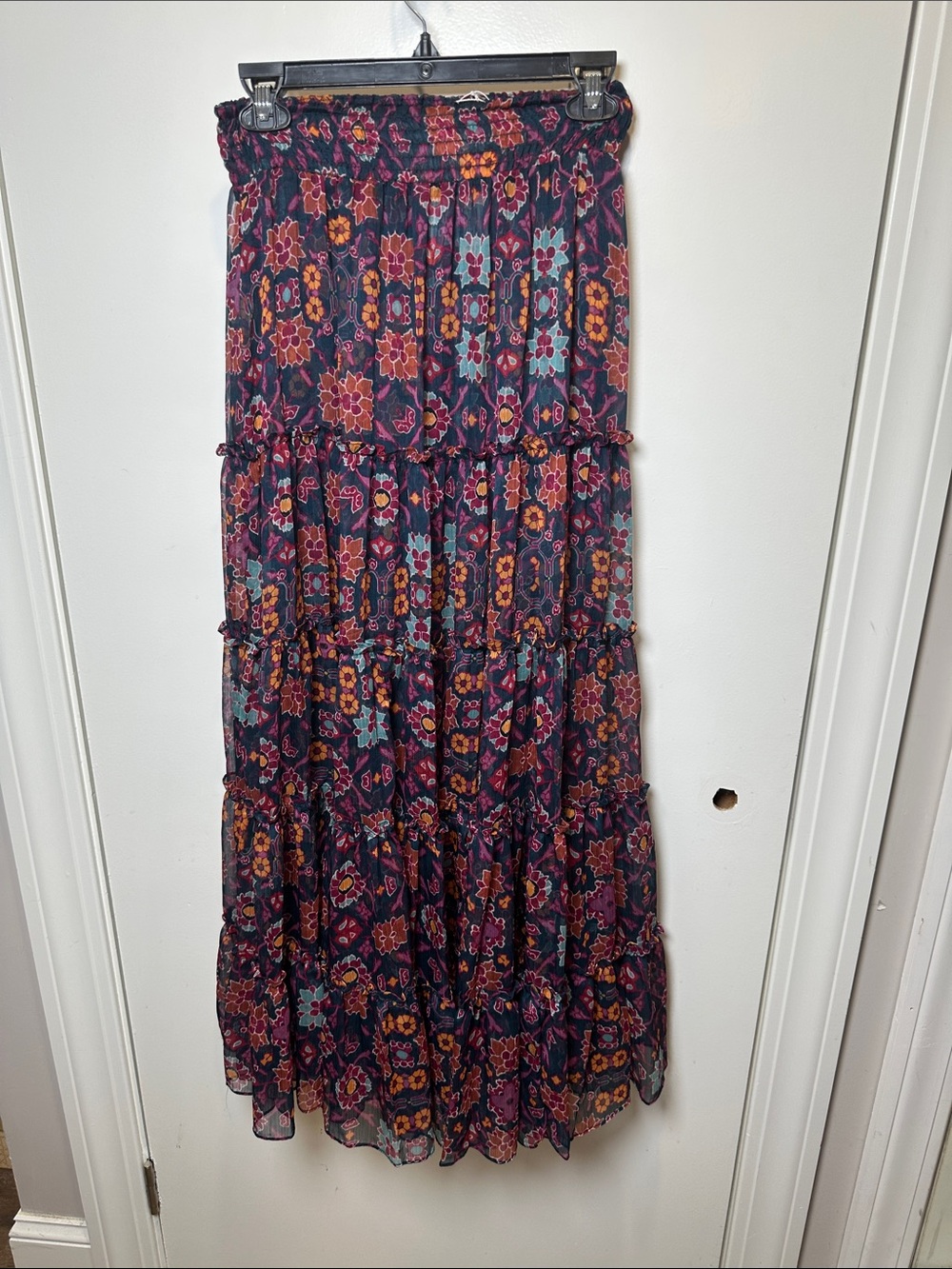 Misa Los Angeles Navy Floral Tiered Maxi Skirt with Pink & Orange Motif (20)